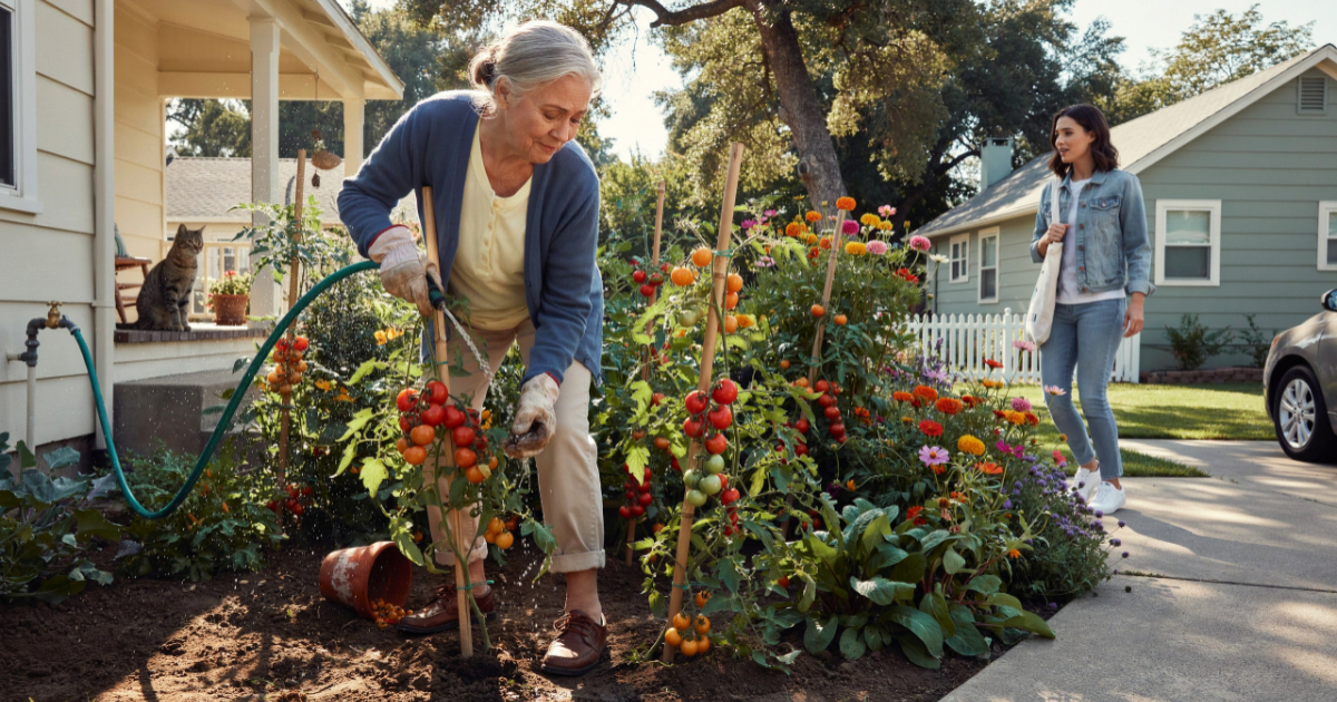 Woman Catches Her Elderly Neighbor Secretly Watering The Garden For The Sweetest Reason