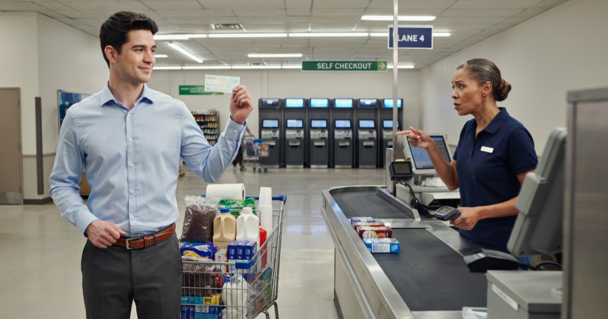 Cashier Mocks Young Shopper for Using Her Lane, Then His Check Immediately Ends the Lecture