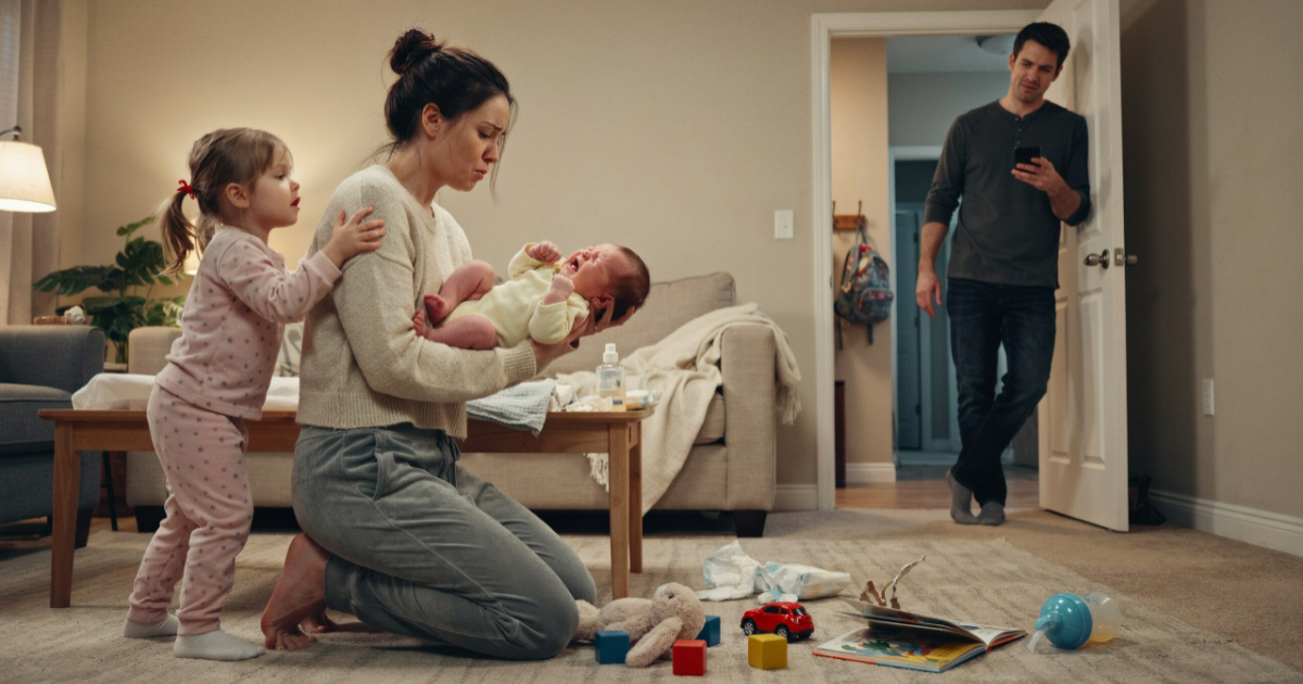 Husband Tells Overwhelmed Wife to “Use Her Words” While She Handles Two Crying Kids Alone