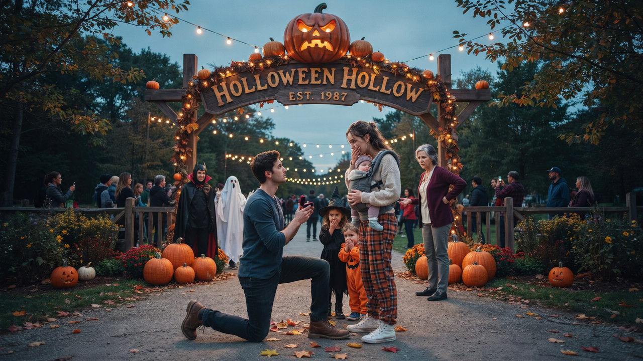 Woman Gets Dream Halloween Proposal at Theme Park, Until a Stranger Interrupts the Emotional Moment
