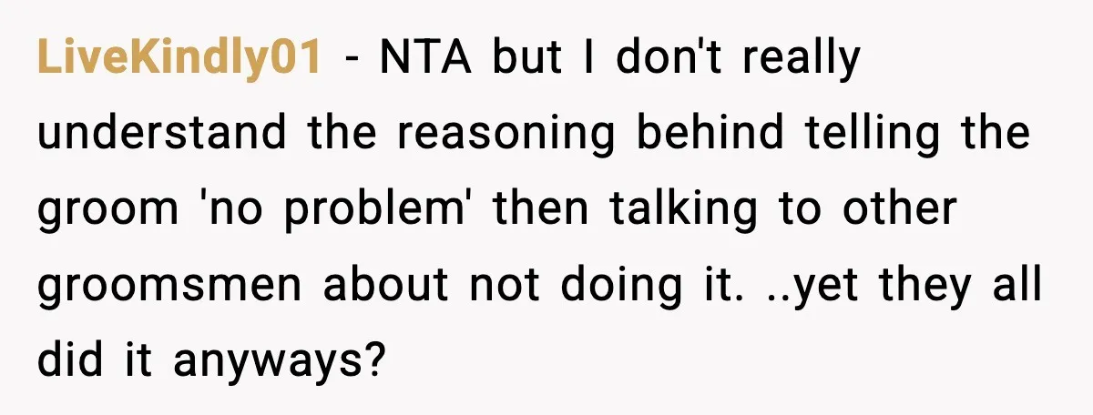 LiveKindly01 − NTA but I don't really understand the reasoning behind telling the groom 'no problem' then talking to other groomsmen about not doing it. ..yet they all did it...