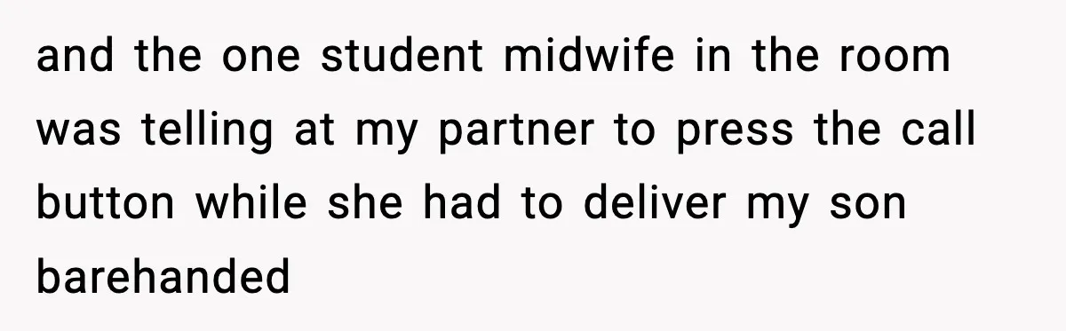 and the one student midwife in the room was telling at my partner to press the call button while she had to deliver my son barehanded