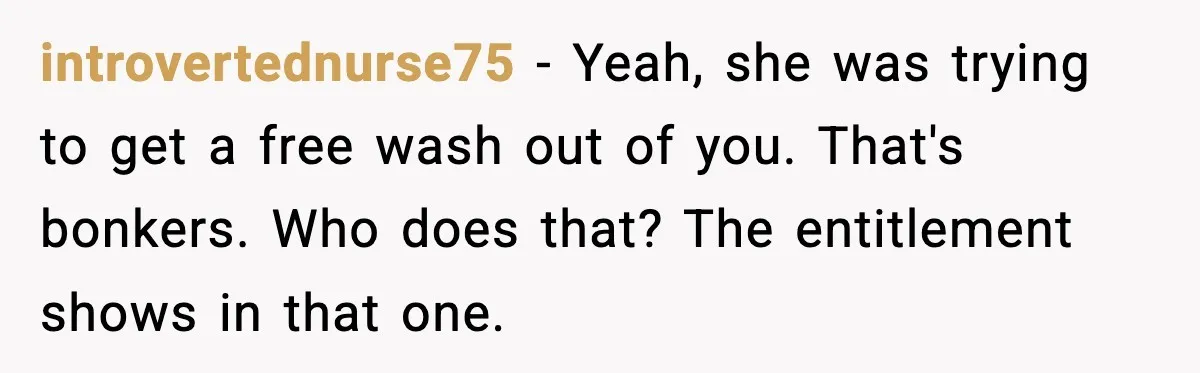 introvertednurse75 − Yeah, she was trying to get a free wash out of you. That's bonkers. Who does that? The entitlement shows in that one.