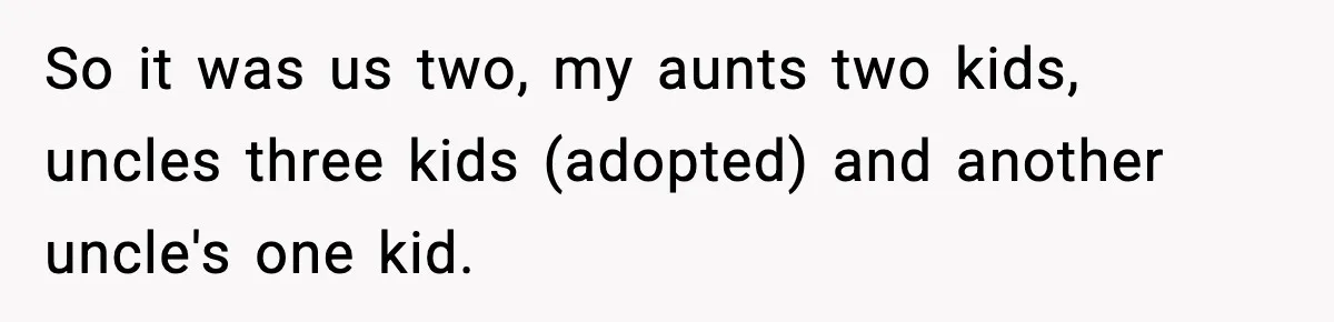 So it was us two, my aunts two kids, uncles three kids (adopted) and another uncle's one kid.