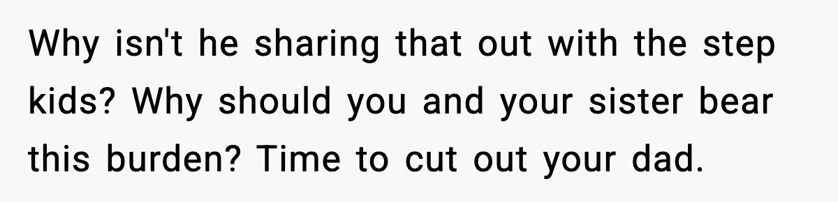 Why isn't he sharing that out with the step kids? Why should you and your sister bear this burden? Time to cut out your dad.