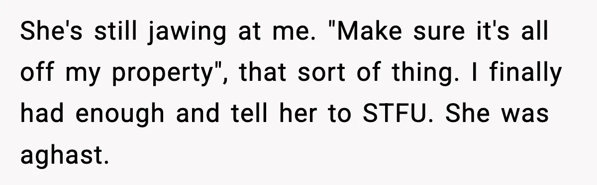 She's still jawing at me. "Make sure it's all off my property", that sort of thing. I finally had enough and tell her to STFU. She was aghast.