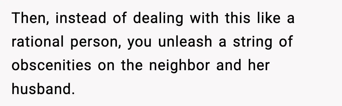 Then, instead of dealing with this like a rational person, you unleash a string of obscenities on the neighbor and her husband.