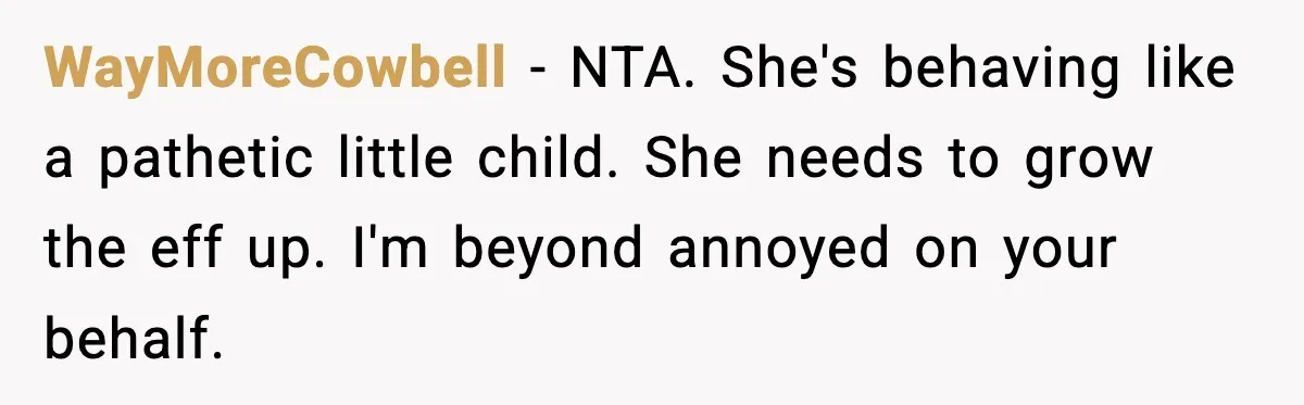 WayMoreCowbell − NTA. She's behaving like a pathetic little child. She needs to grow the eff up. I'm beyond annoyed on your behalf.