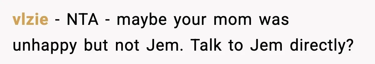 vlzie − NTA - maybe your mom was unhappy but not Jem. Talk to Jem directly?