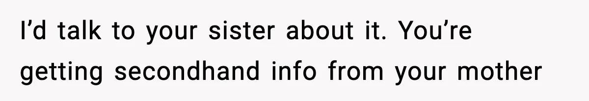 I’d talk to your sister about it. You’re getting secondhand info from your mother