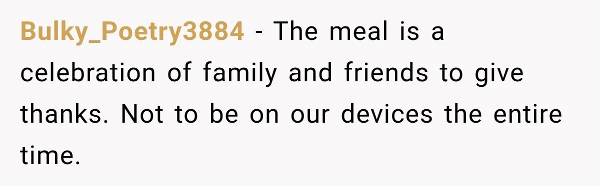 Bulky_Poetry3884 − The meal is a celebration of family and friends to give thanks. Not to be on our devices the entire time.