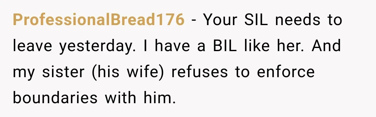ProfessionalBread176 − Your SIL needs to leave yesterday. I have a BIL like her. And my sister (his wife) refuses to enforce boundaries with him.