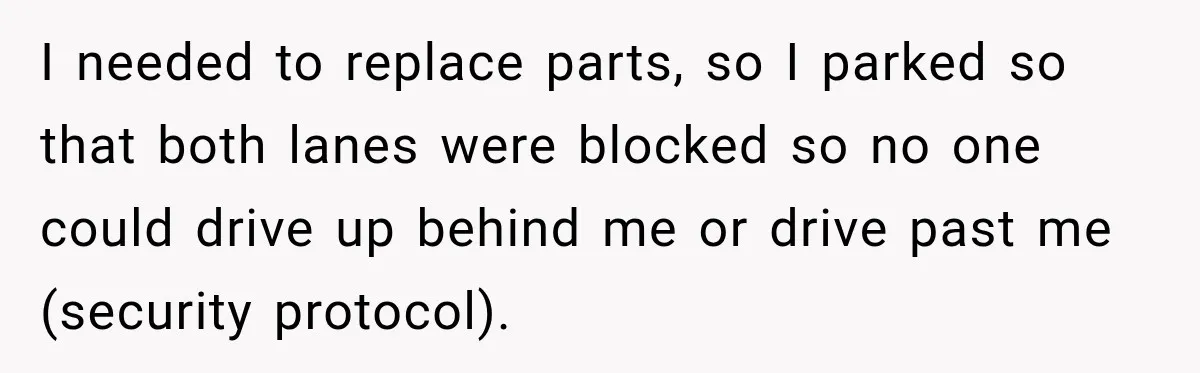 I needed to replace parts, so I parked so that both lanes were blocked so no one could drive up behind me or drive past me (security protocol).