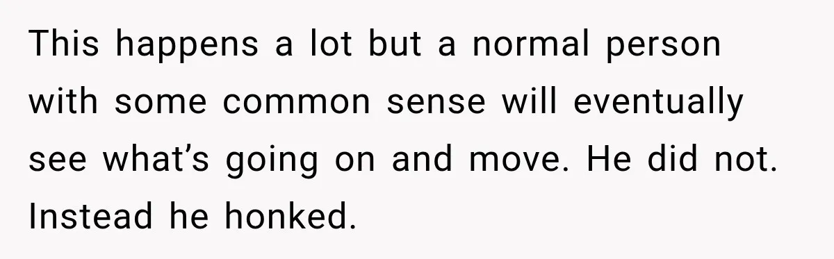 This happens a lot but a normal person with some common sense will eventually see what’s going on and move. He did not. Instead he honked.