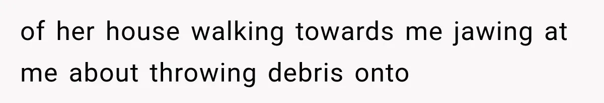 of her house walking towards me jawing at me about throwing debris onto