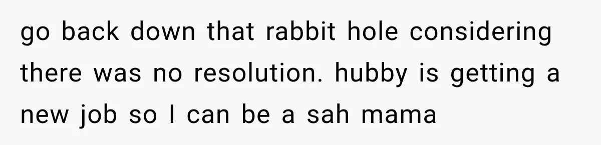 go back down that rabbit hole considering there was no resolution. hubby is getting a new job so I can be a sah mama