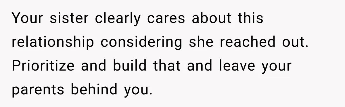 Your sister clearly cares about this relationship considering she reached out. Prioritize and build that and leave your parents behind you.
