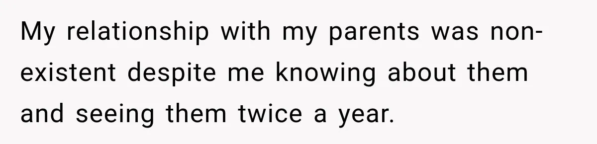 My relationship with my parents was non-existent despite me knowing about them and seeing them twice a year.