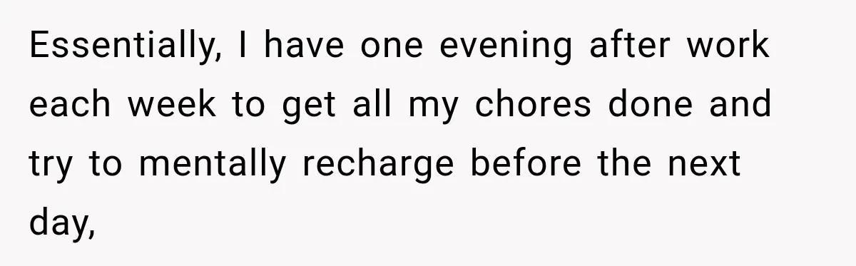 Essentially, I have one evening after work each week to get all my chores done and try to mentally recharge before the next day,