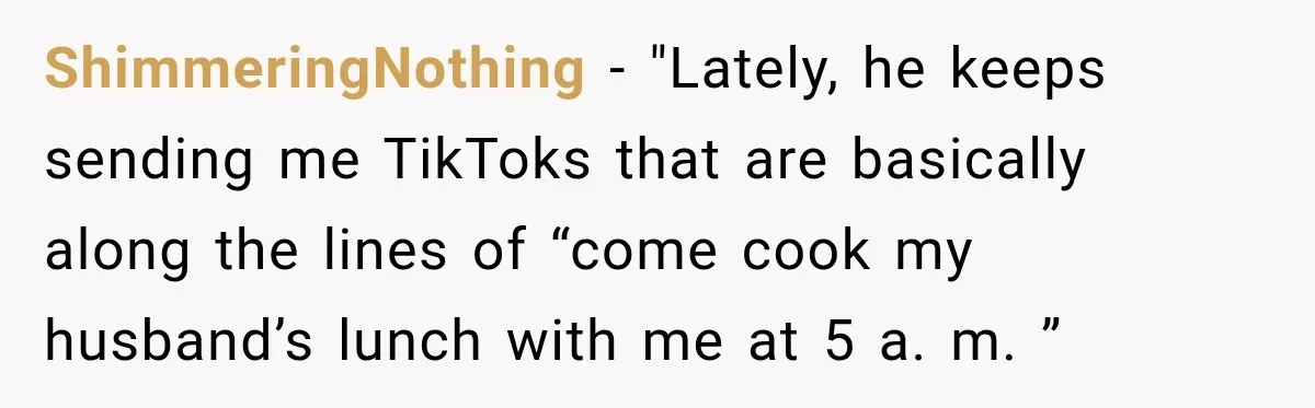 ShimmeringNothing − "Lately, he keeps sending me TikToks that are basically along the lines of “come cook my husband’s lunch with me at 5 a. m. ”