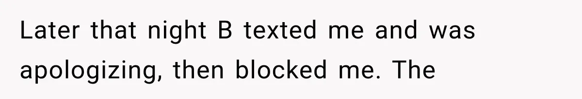 Later that night B texted me and was apologizing, then blocked me. The