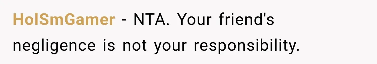 HolSmGamer − NTA. Your friend's negligence is not your responsibility.