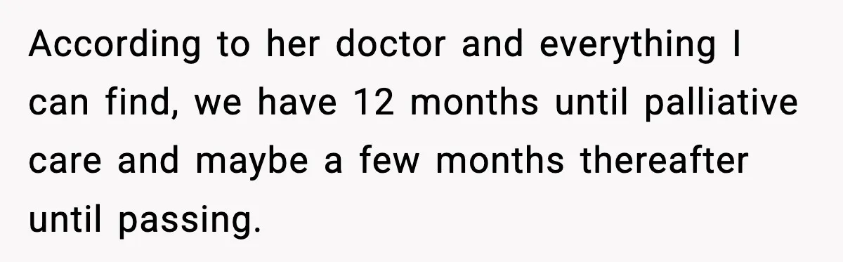 According to her doctor and everything I can find, we have 12 months until palliative care and maybe a few months thereafter until passing.