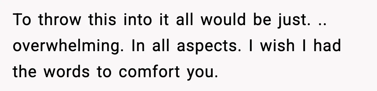 To throw this into it all would be just. .. overwhelming. In all aspects. I wish I had the words to comfort you.