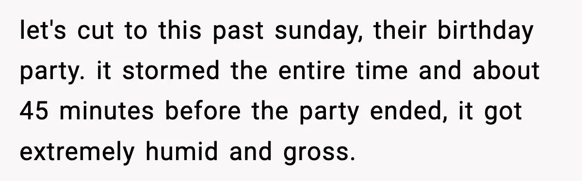 let's cut to this past sunday, their birthday party. it stormed the entire time and about 45 minutes before the party ended, it got extremely humid and gross.