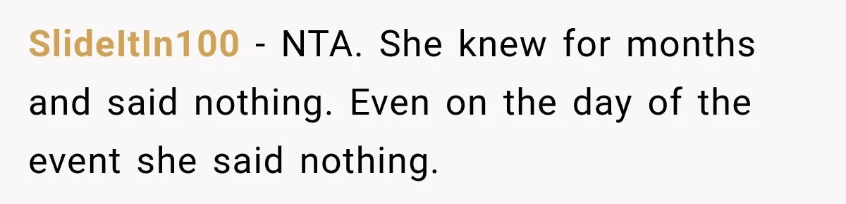 SlideItIn100 − NTA. She knew for months and said nothing. Even on the day of the event she said nothing.