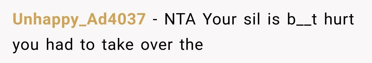 Unhappy_Ad4037 − NTA Your sil is b__t hurt you had to take over the
