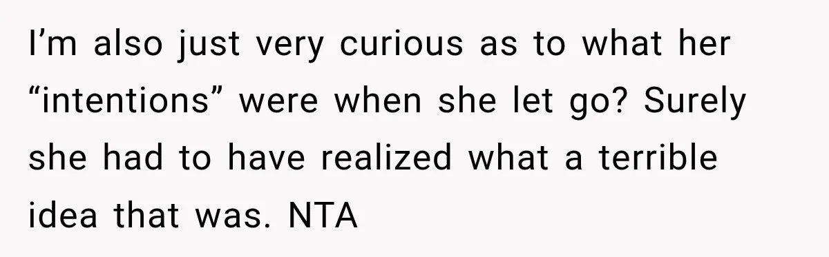 I’m also just very curious as to what her “intentions” were when she let go? Surely she had to have realized what a terrible idea that was. NTA