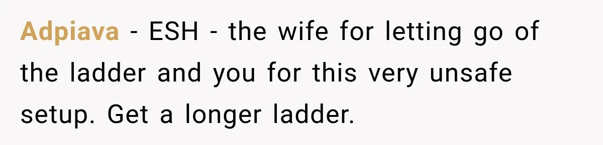 Adpiava − ESH - the wife for letting go of the ladder and you for this very unsafe setup. Get a longer ladder.