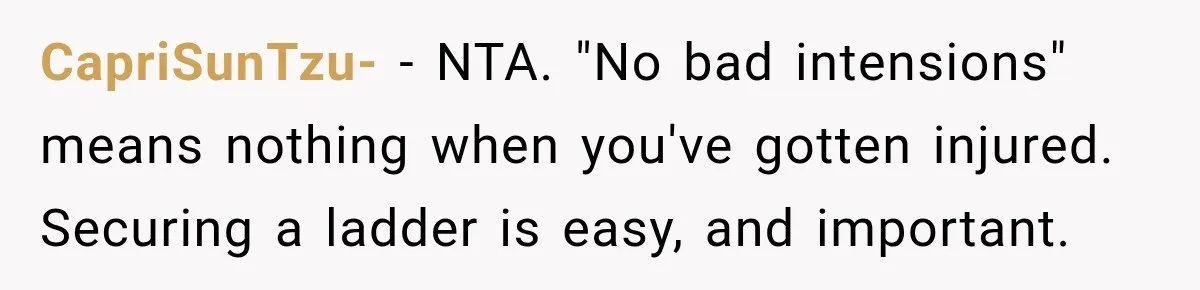 CapriSunTzu- − NTA. "No bad intensions" means nothing when you've gotten injured. Securing a ladder is easy, and important.