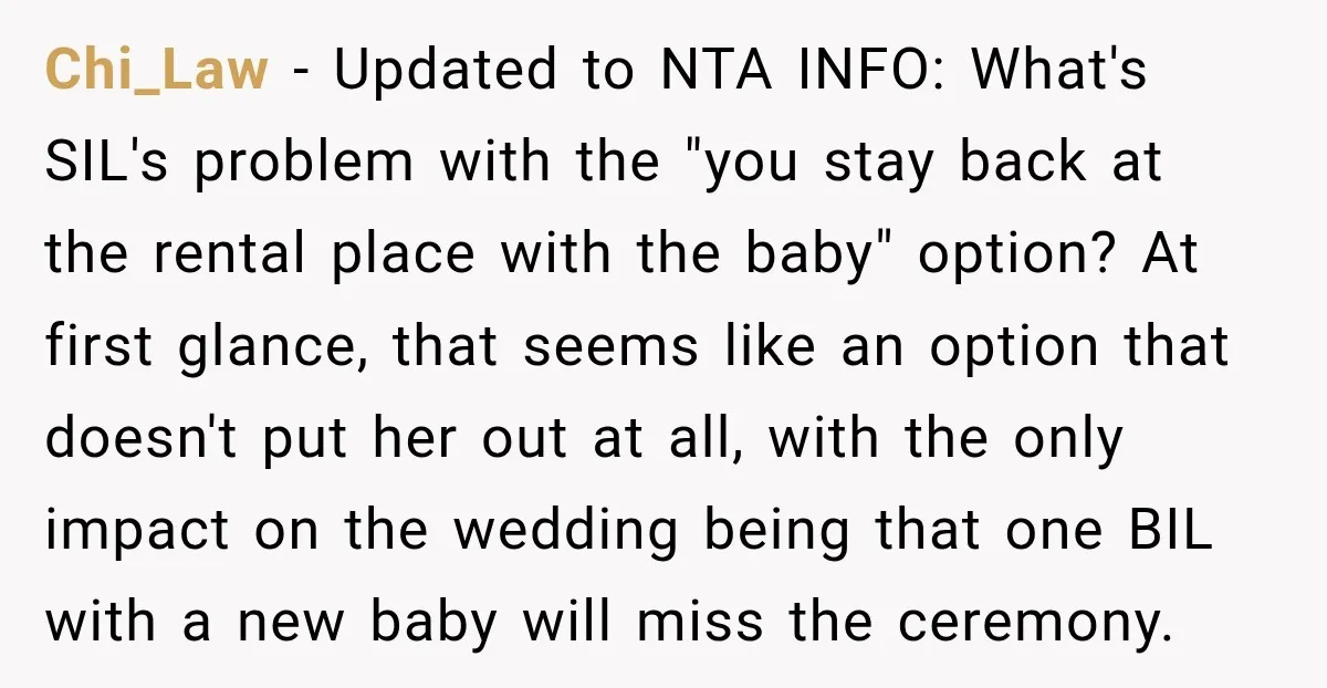 Chi_Law − Updated to NTA INFO: What's SIL's problem with the "you stay back at the rental place with the baby" option? At first glance, that seems like an option...