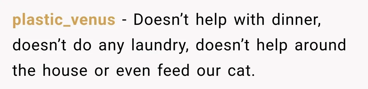plastic_venus − Doesn’t help with dinner, doesn’t do any laundry, doesn’t help around the house or even feed our cat.