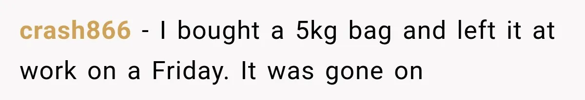 crash866 − I bought a 5kg bag and left it at work on a Friday. It was gone on