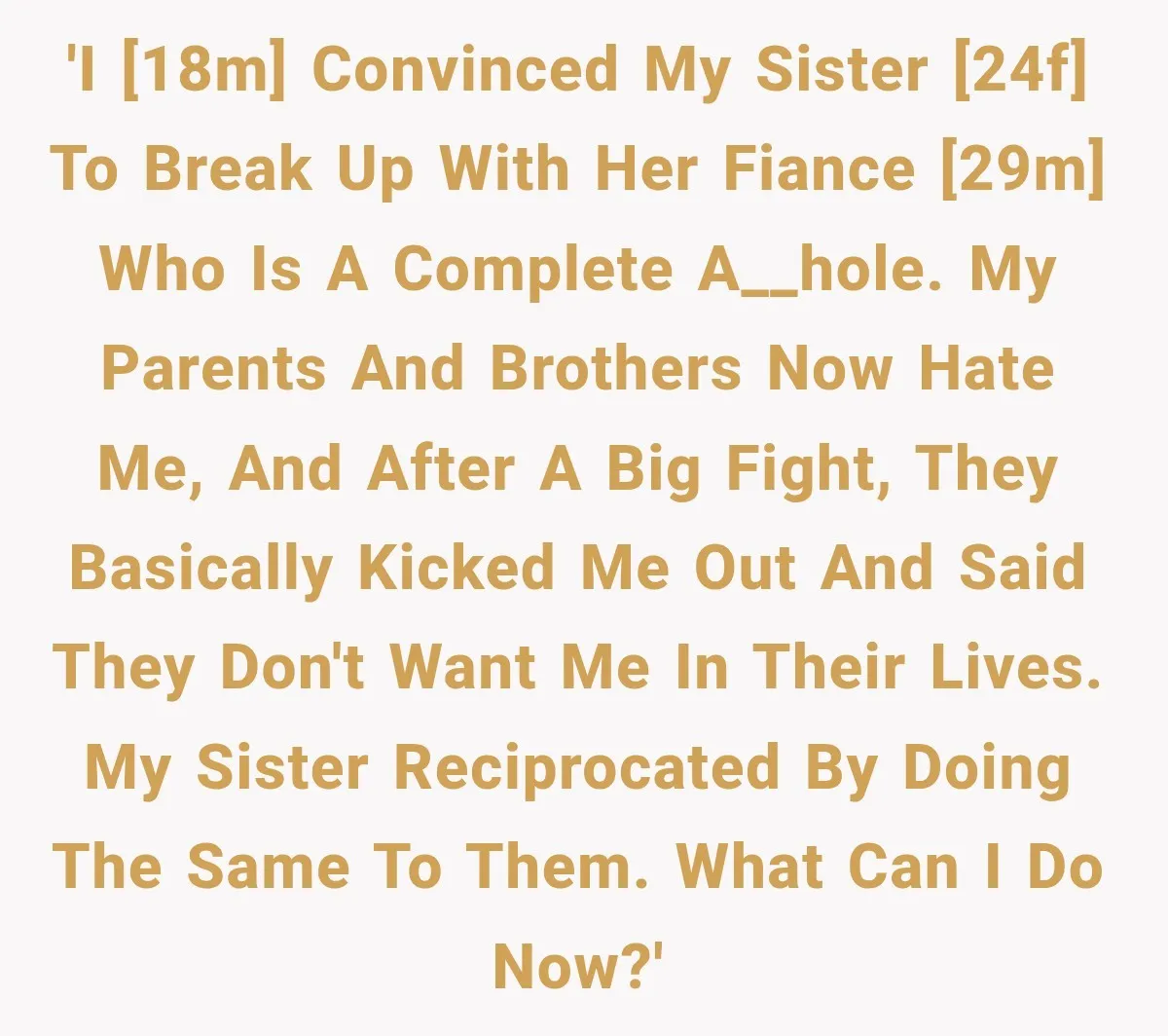 'I [18M] convinced my sister [24F] to break up with her fiance [29M] who is a complete a__hole. My parents and brothers now hate me, and after a big fight,...