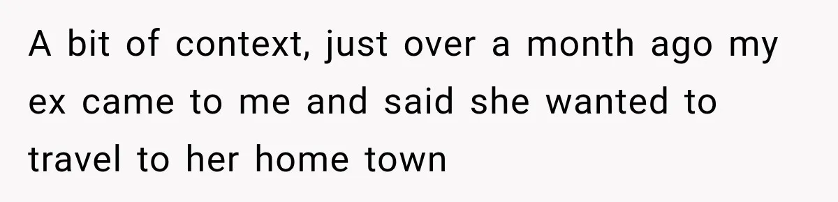 A bit of context, just over a month ago my ex came to me and said she wanted to travel to her home town