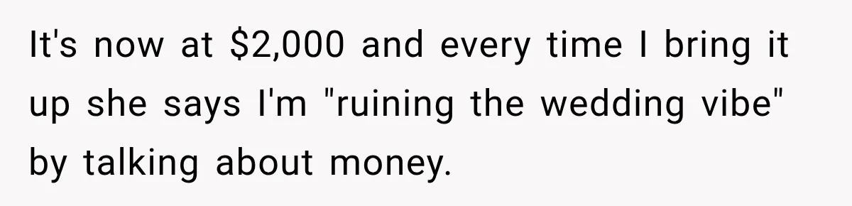 She Refused to Keep Funding Her Sister’s Wedding, Until a $2,000 Debt Was Finally Paid Back It's now at $2,000 and every time I bring it up she says I'm "ruining the wedding vibe" by talking about money.
