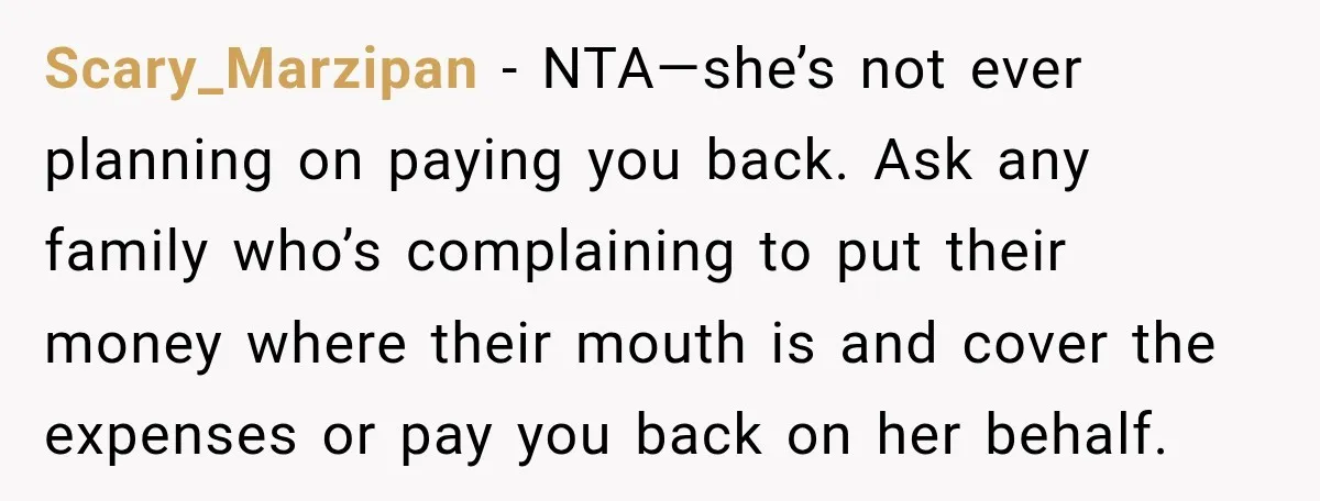 She Refused to Keep Funding Her Sister’s Wedding, Until a $2,000 Debt Was Finally Paid Back Scary_Marzipan − NTA—she’s not ever planning on paying you back. Ask any family who’s complaining to put their money where their mouth is and cover the expenses or pay you...