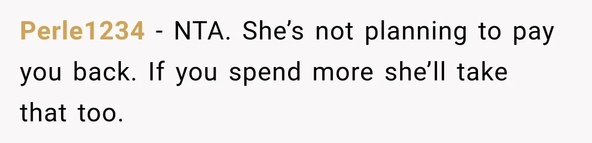 She Refused to Keep Funding Her Sister’s Wedding, Until a $2,000 Debt Was Finally Paid Back Perle1234 − NTA. She’s not planning to pay you back. If you spend more she’ll take that too.