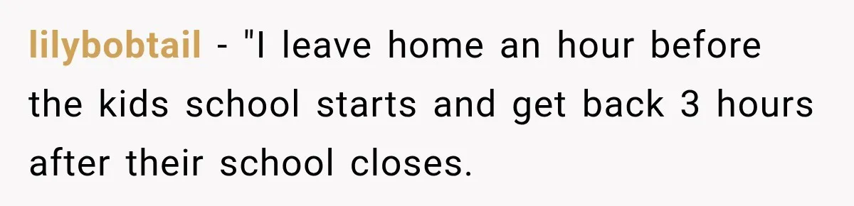 lilybobtail − "I leave home an hour before the kids school starts and get back 3 hours after their school closes.