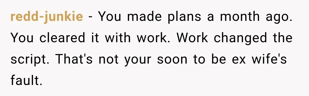 redd-junkie − You made plans a month ago. You cleared it with work. Work changed the script. That's not your soon to be ex wife's fault.