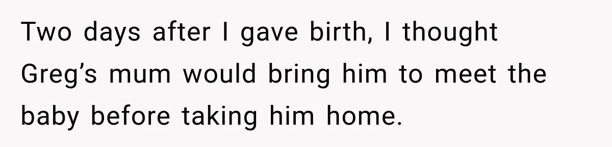 Two days after I gave birth, I thought Greg’s mum would bring him to meet the baby before taking him home.