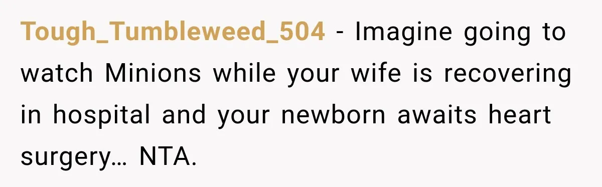 Tough_Tumbleweed_504 − Imagine going to watch Minions while your wife is recovering in hospital and your newborn awaits heart surgery… NTA.