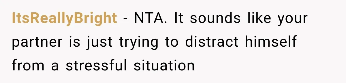 ItsReallyBright − NTA. It sounds like your partner is just trying to distract himself from a stressful situation