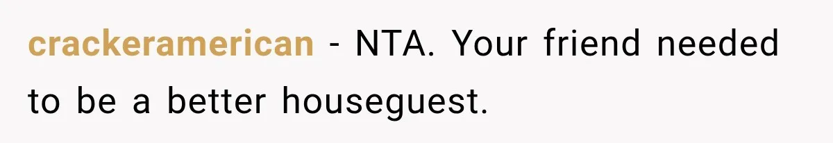 crackeramerican − NTA. Your friend needed to be a better houseguest.