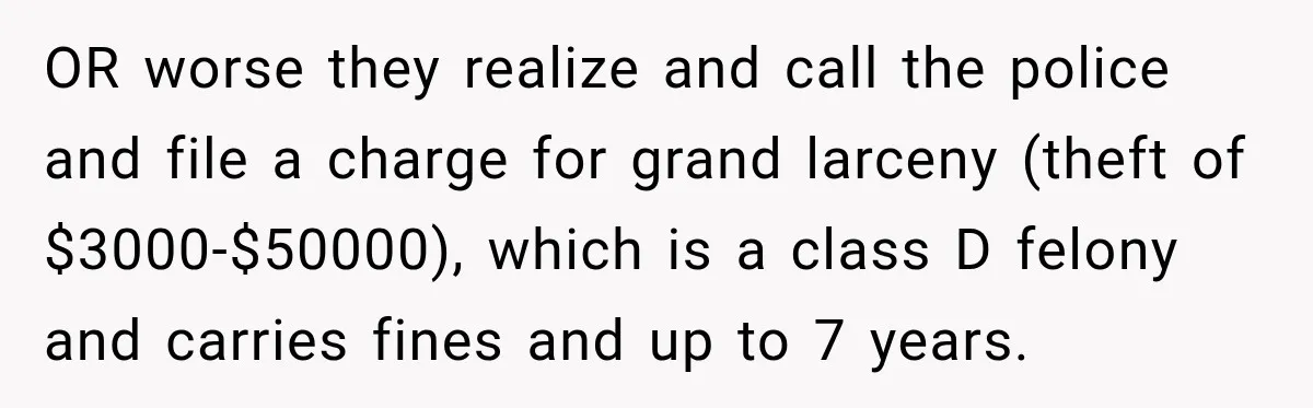 OR worse they realize and call the police and file a charge for grand larceny (theft of $3000-$50000), which is a class D felony and carries fines and up to...