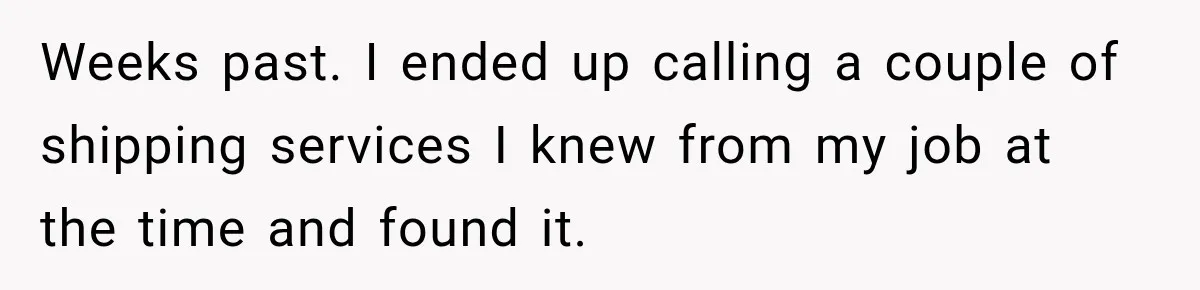 Weeks past. I ended up calling a couple of shipping services I knew from my job at the time and found it.